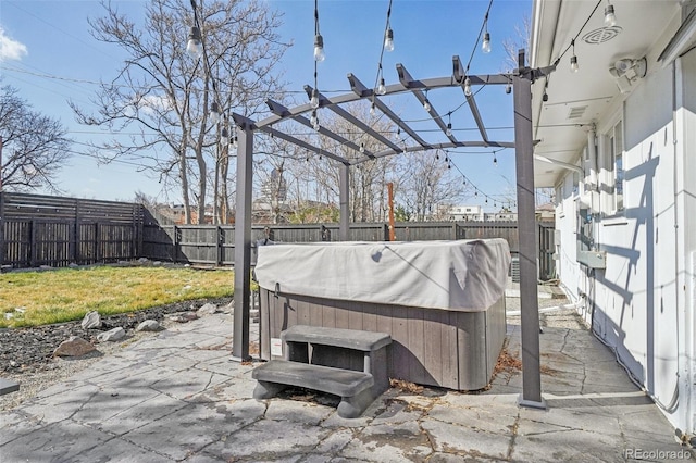 view of patio with a fenced backyard, a pergola, and a hot tub