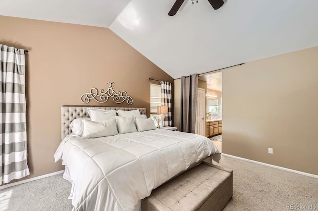 13277 Elizabeth St, Thornton, CO 80241 - carpeted bedroom with vaulted ceiling, ensuite bath, and a ceiling fan