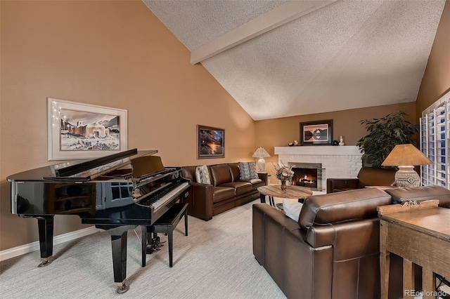 living room with lofted ceiling with beams, light colored carpet, a textured ceiling, and a brick fireplace