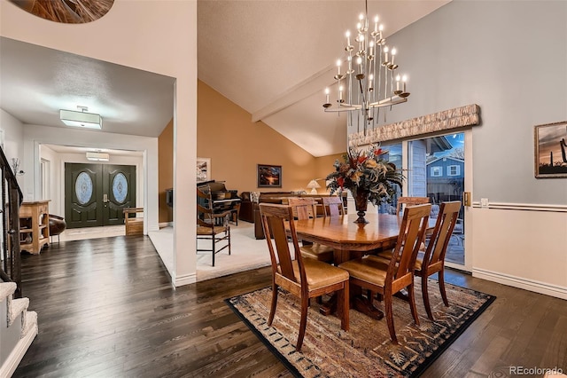 dining area featuring beamed ceiling, high vaulted ceiling, dark hardwood / wood-style floors, and an inviting chandelier