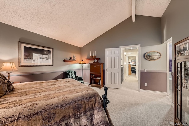 bedroom with a textured ceiling, beam ceiling, light carpet, and high vaulted ceiling