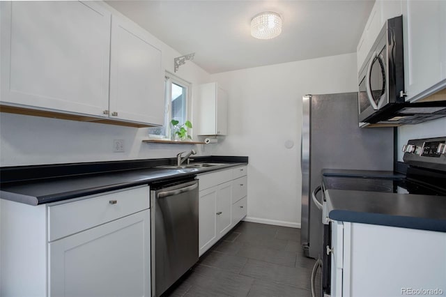 kitchen featuring dark countertops, white cabinetry, stainless steel appliances, and a sink