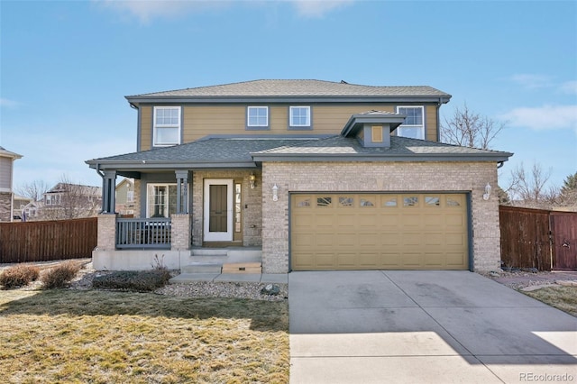 view of front of home with a porch, an attached garage, fence, and driveway