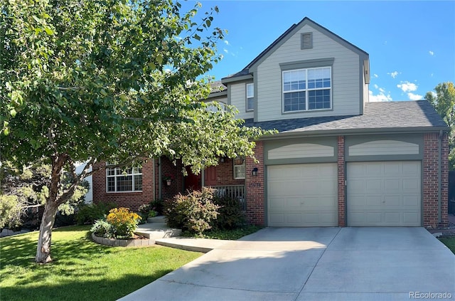 15674 Greenstone Cir, Parker, CO 80134 - traditional home featuring brick siding, driveway, a front lawn, and a shingled roof