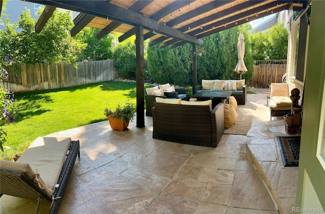 15674 Greenstone Cir, Parker, CO 80134 - fenced backyard with outdoor lounge area, a pergola, and a patio area