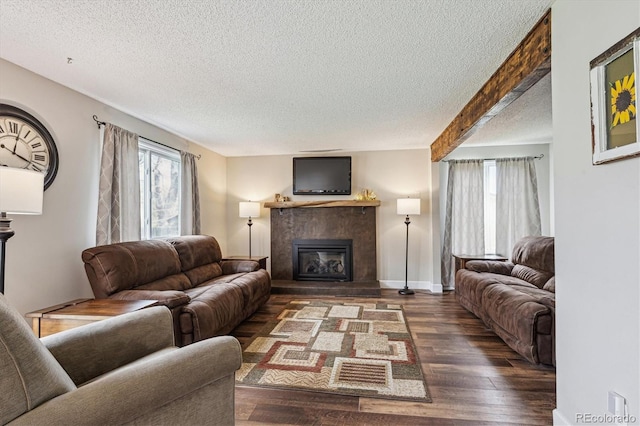 living room featuring a glass covered fireplace, wood finished floors, a textured ceiling, and a wealth of natural light