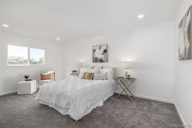 bedroom with recessed lighting, carpet flooring, and baseboards