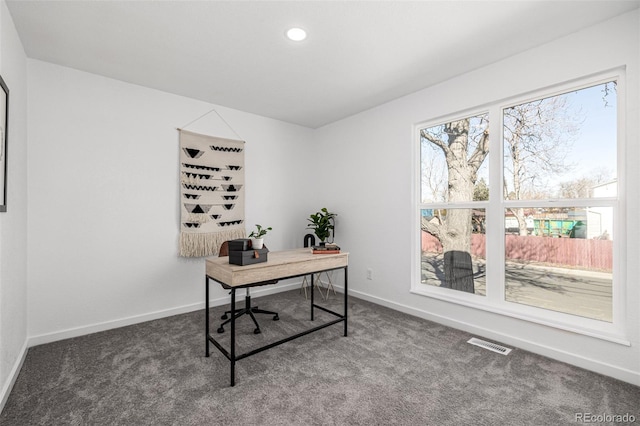 carpeted office space with recessed lighting, visible vents, and baseboards