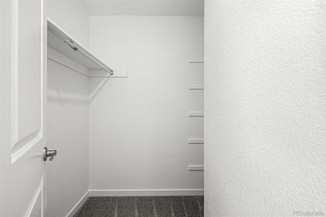 walk in closet featuring dark colored carpet