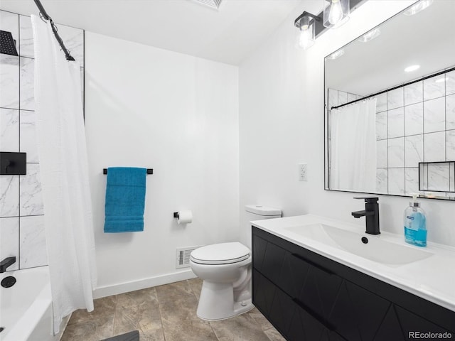 bathroom featuring vanity, baseboards, shower / tub combo, toilet, and visible vents