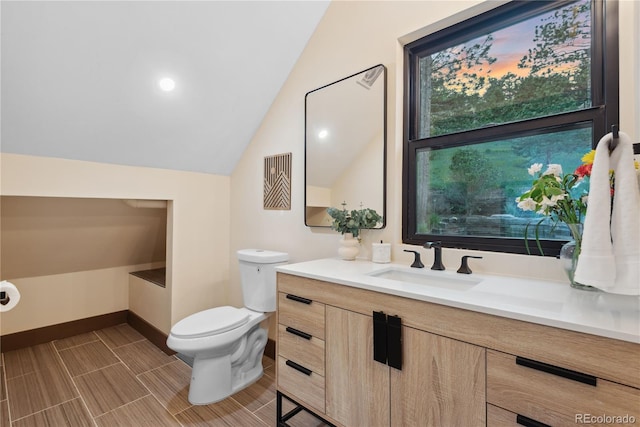 1298 Meadow View Dr, Evergreen, CO 80439 - bathroom with vanity and vaulted ceiling