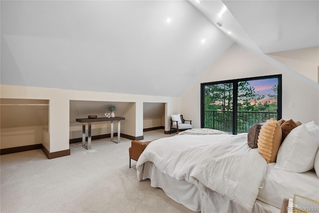 1298 Meadow View Dr, Evergreen, CO 80439 - bedroom with vaulted ceiling, light carpet, and recessed lighting