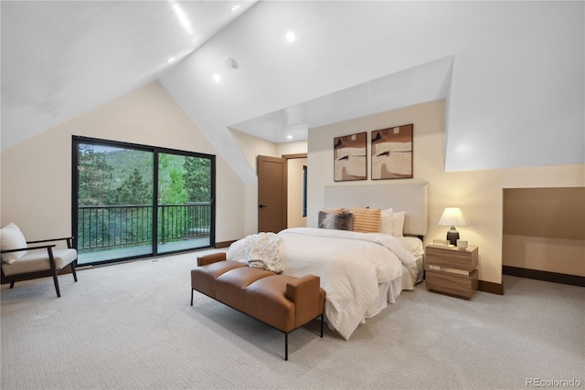 1298 Meadow View Dr, Evergreen, CO 80439 - bedroom with light colored carpet, access to outside, high vaulted ceiling, and recessed lighting