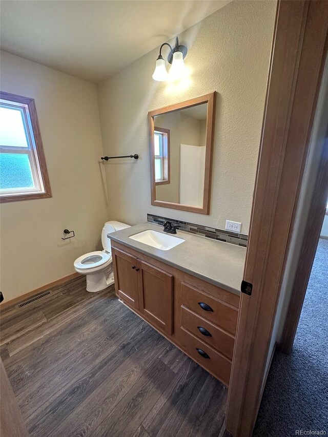 bathroom featuring vanity, wood-type flooring, and toilet