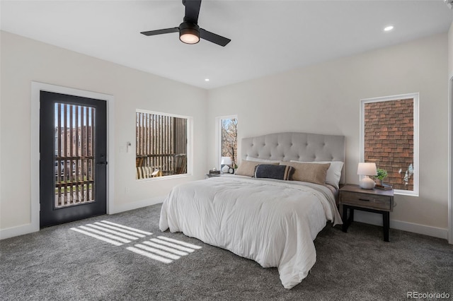bedroom with carpet, baseboards, recessed lighting, and ceiling fan