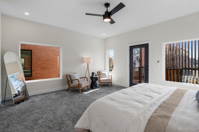 bedroom with carpet flooring, baseboards, ceiling fan, and recessed lighting