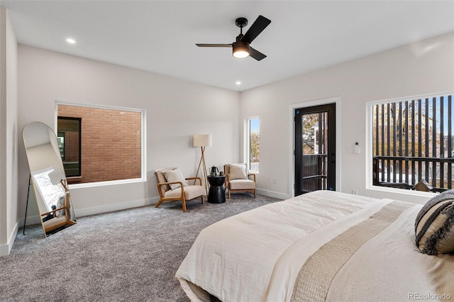 bedroom with carpet floors, baseboards, ceiling fan, and recessed lighting