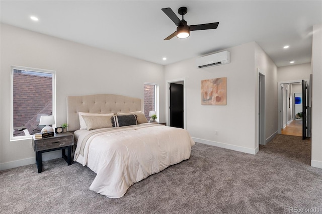bedroom with an AC wall unit, baseboards, carpet flooring, recessed lighting, and a ceiling fan