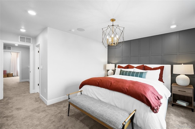 17137 W 91st Ln, Arvada, CO 80007 - bedroom featuring light colored carpet, a decorative wall, a chandelier, recessed lighting, and baseboards