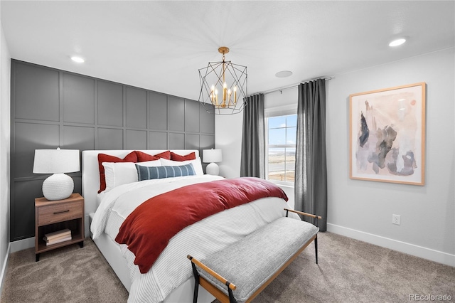 17137 W 91st Ln, Arvada, CO 80007 - carpeted bedroom featuring a chandelier, a decorative wall, recessed lighting, and baseboards