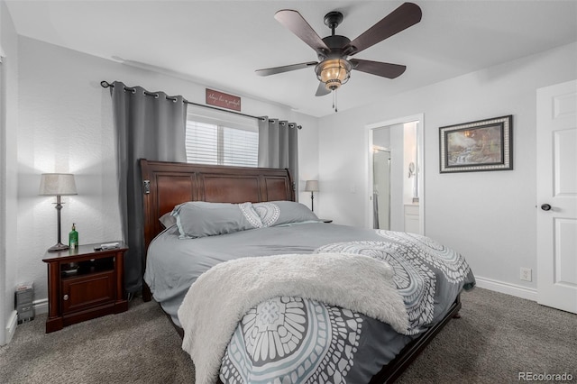 bedroom featuring ceiling fan, connected bathroom, and dark colored carpet