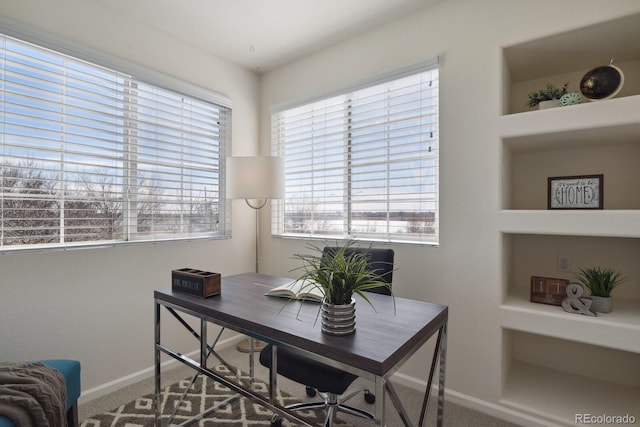 carpeted office with built in shelves and baseboards