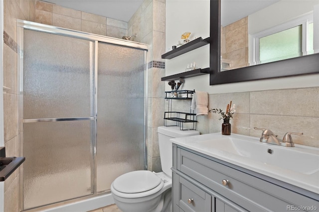 7306 S Dexter St, Centennial, CO 80122 - bathroom with tile walls, vanity, a stall shower, and backsplash