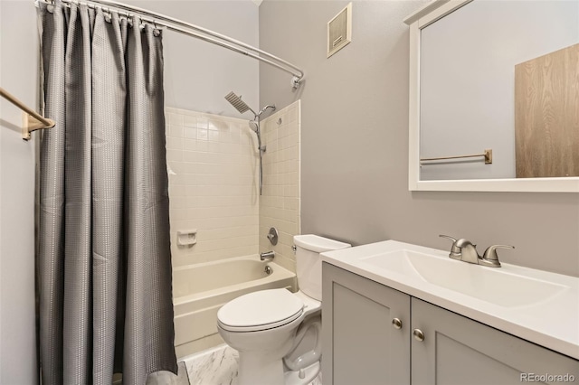 bathroom with toilet, shower / bath combo, vanity, and marble finish flooring