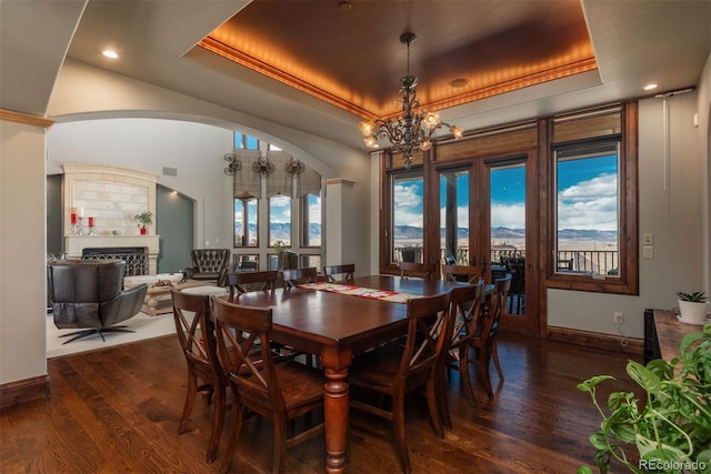 dining space with a chandelier, a raised ceiling, a fireplace, and wood finished floors