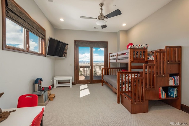 bedroom with access to outside, carpet, visible vents, and recessed lighting