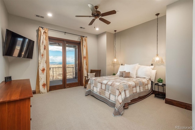 carpeted bedroom with access to outside, visible vents, baseboards, and recessed lighting