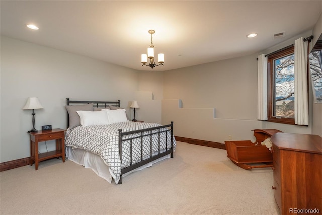 carpeted bedroom featuring baseboards, an inviting chandelier, visible vents, and recessed lighting