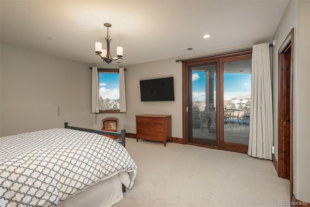 bedroom featuring baseboards, light colored carpet, access to exterior, an inviting chandelier, and recessed lighting