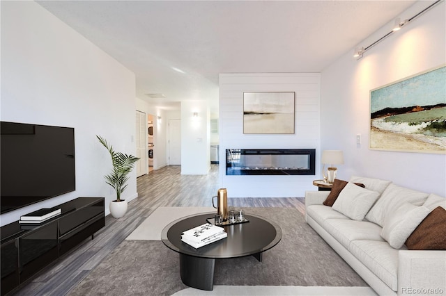 living room with a fireplace, wood-type flooring, and rail lighting