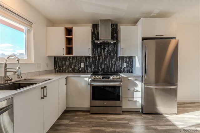 kitchen with white cabinetry, sink, wall chimney exhaust hood, stainless steel appliances, and dark hardwood / wood-style flooring