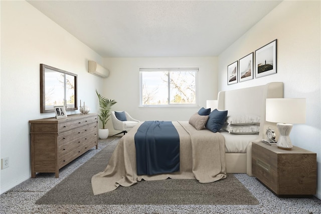 bedroom featuring a wall mounted air conditioner and light carpet