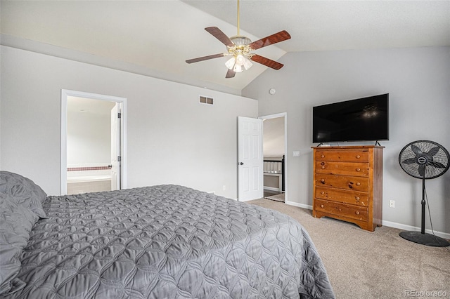 carpeted bedroom featuring baseboards, ceiling fan, connected bathroom, and high vaulted ceiling