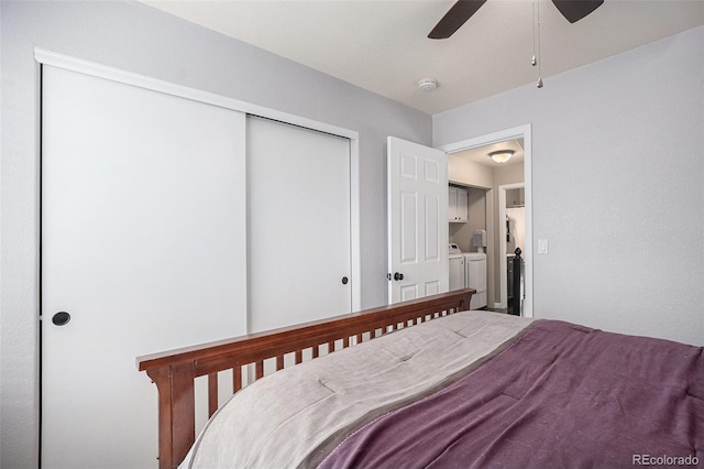 bedroom with separate washer and dryer, a closet, and ceiling fan