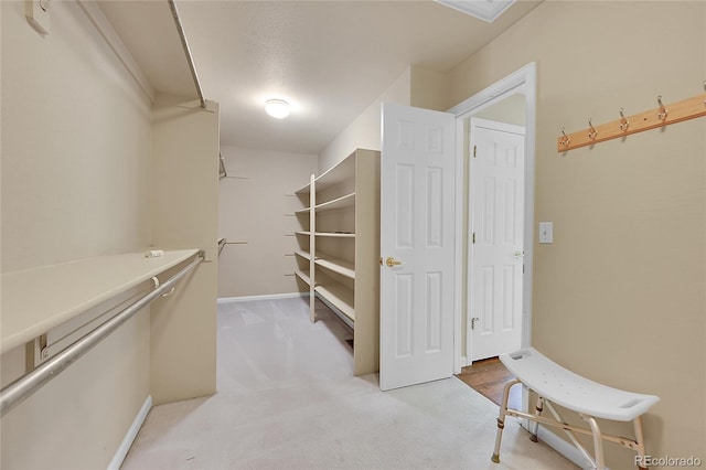 walk in closet with light colored carpet