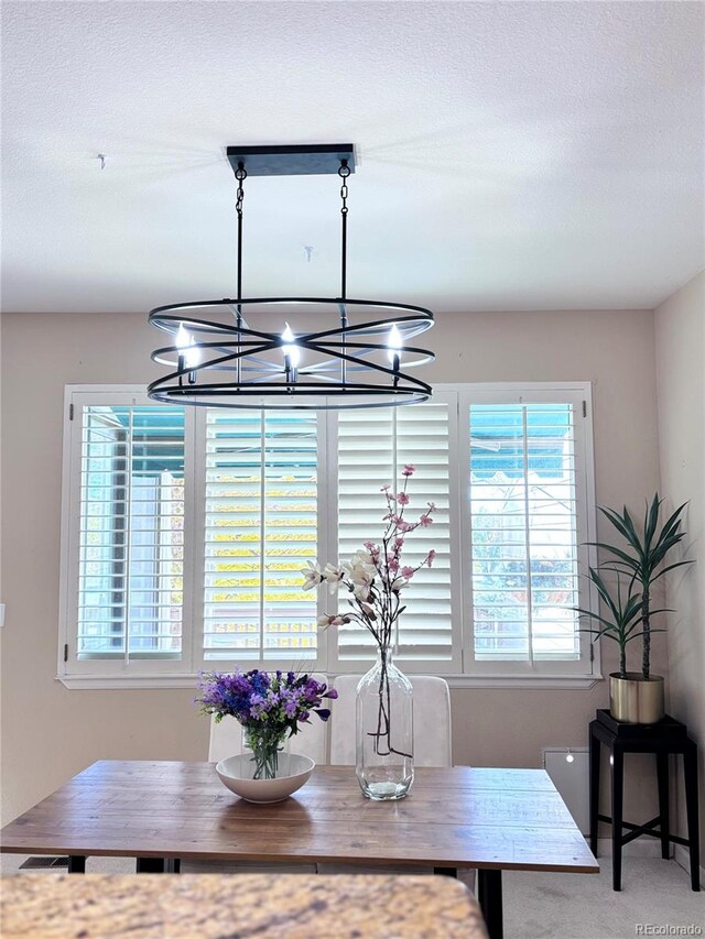 carpeted dining area with a textured ceiling