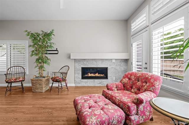 6900 W Grant Ranch Blvd Unit 88, Denver, CO 80123 - living area featuring a fireplace, healthy amount of natural light, wood finished floors, and baseboards