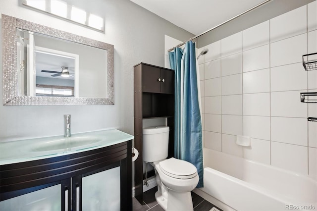 full bath with ceiling fan, vanity, toilet, and shower / bathtub combination with curtain