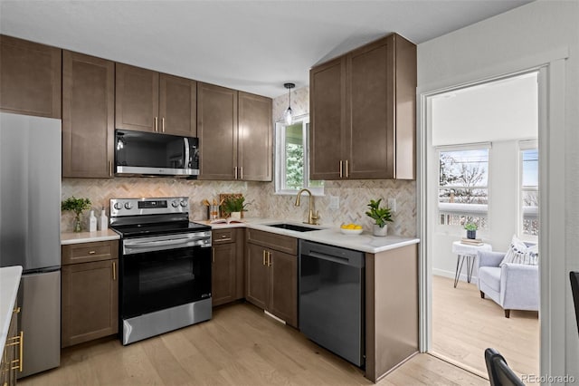 kitchen featuring pendant lighting, stainless steel appliances, sink, backsplash, and light hardwood / wood-style flooring