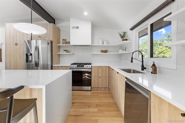 kitchen featuring tasteful backsplash, stainless steel appliances, sink, lofted ceiling with beams, and hanging light fixtures