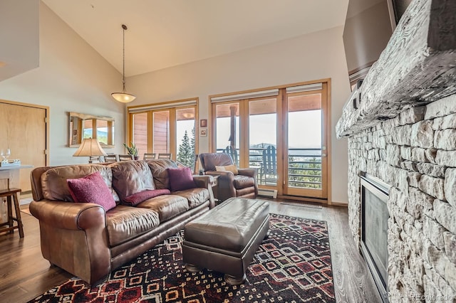 91400 Ryan Gulch Rd Unit 91427, Silverthorne, CO 80498 - living area with high vaulted ceiling, a baseboard radiator, a stone fireplace, and wood finished floors