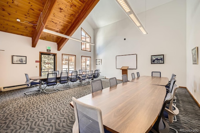 91400 Ryan Gulch Rd Unit 91427, Silverthorne, CO 80498 - carpeted dining space featuring wooden ceiling, high vaulted ceiling, beamed ceiling, and baseboards