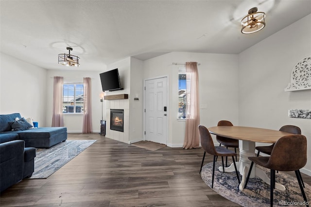 dining room with dark hardwood / wood-style floors and a tile fireplace