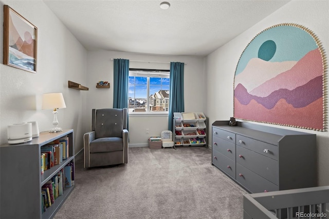 sitting room featuring carpet and a textured ceiling