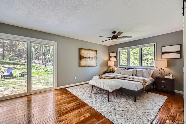 4776 Red Rock Dr, Larkspur, CO 80118 - bedroom with multiple windows, a textured ceiling, baseboards, and dark wood finished floors