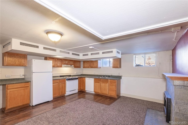 kitchen with white appliances, dark hardwood / wood-style flooring, and sink